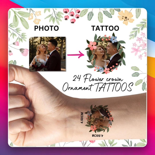 Set aus 24 personalisierten Tattoos mit Blumenkranz – aus deinem Foto