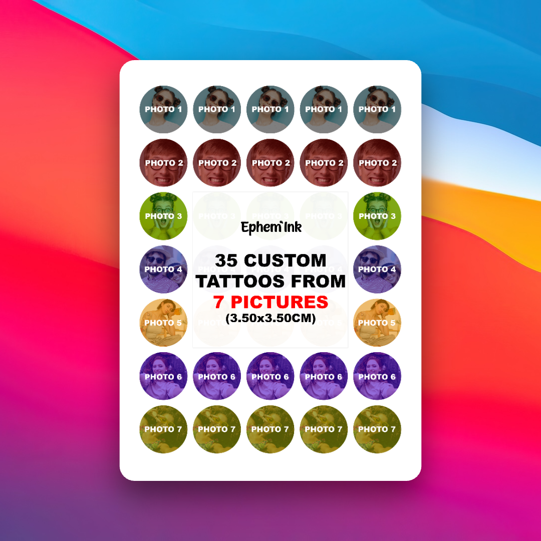 Set mit 35 personalisierten temporären Tattoos aus sieben Fotos