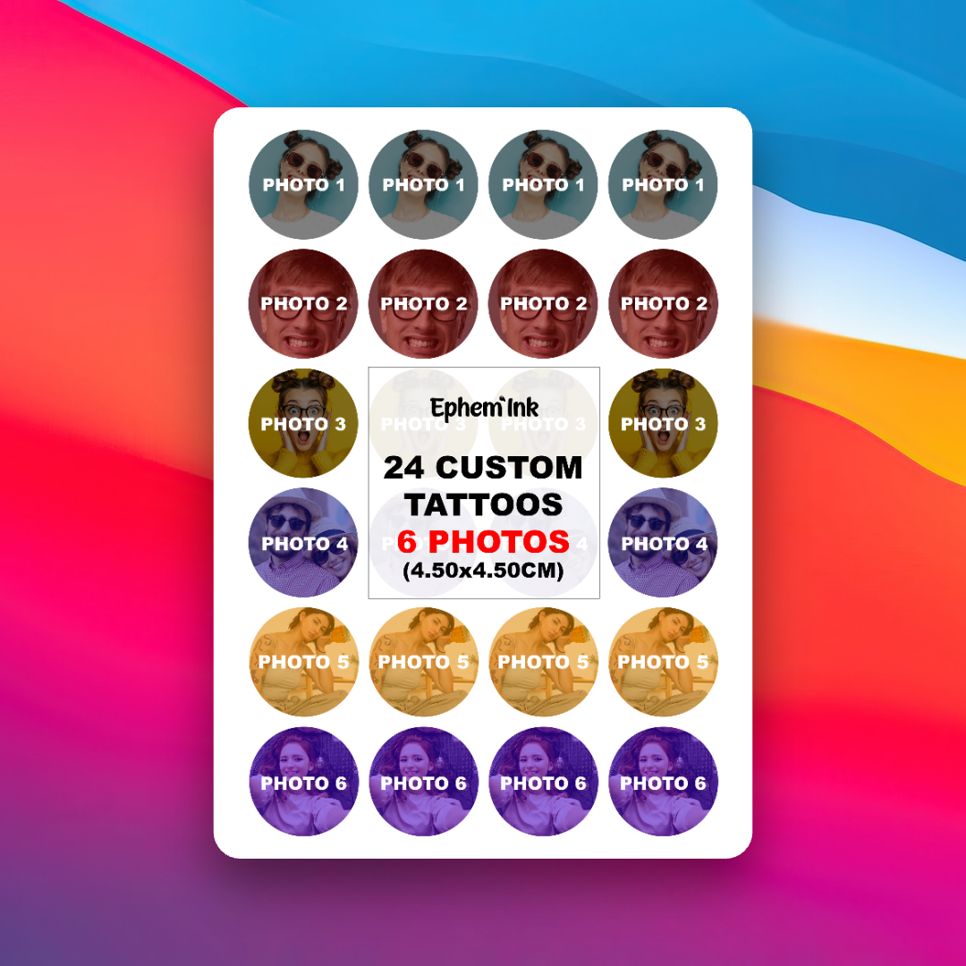 Set mit 24 personalisierten temporären Tattoos aus sechs Fotos