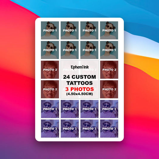 Set mit 24 personalisierten temporären Tattoos aus drei Fotos