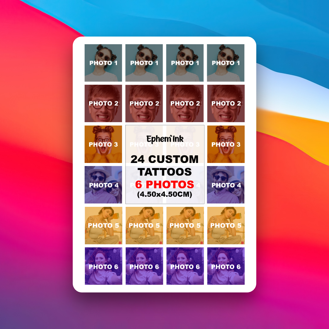 Set mit 24 personalisierten temporären Tattoos aus sechs Fotos